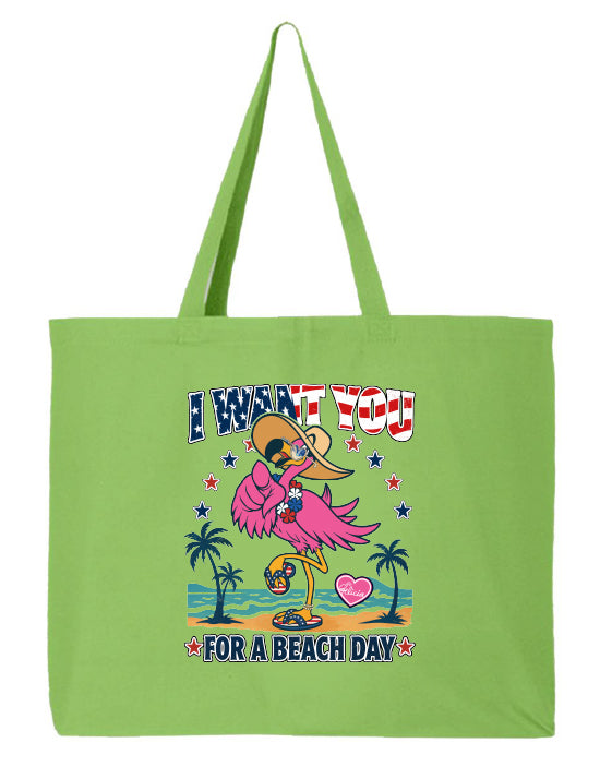 Green tote bag with a flamingo graphic and text on a white background