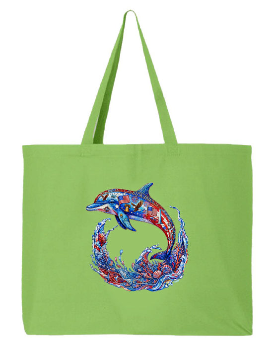 Green tote bag with a colorful dolphin design on a white background