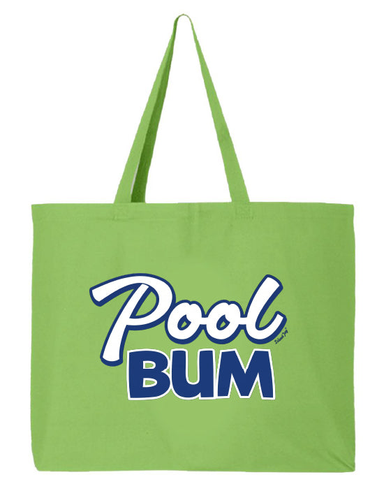 Green tote bag with 'Pool Bum' text on a white background