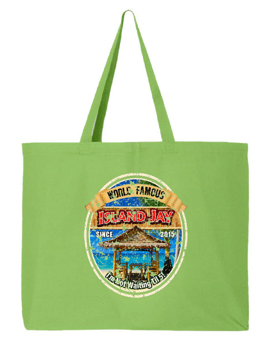 A light green canvas tote bag with two shoulder straps, featuring a large circular graphic print on the front that reads 'World Famous Island Jay' with a beach umbrella illustration.