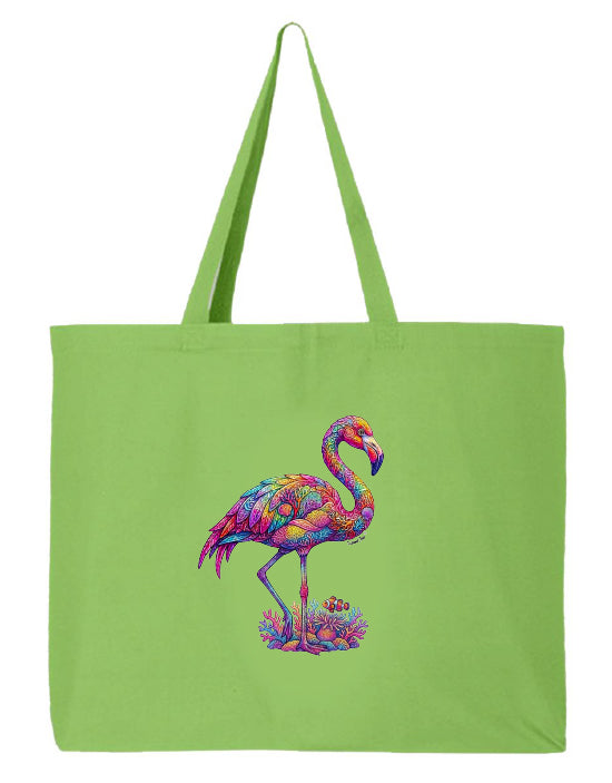 Green tote bag with a colorful flamingo design on a white background