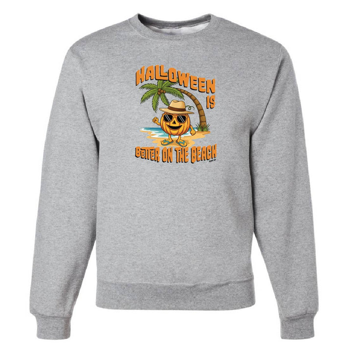 Gray sweatshirt with a Halloween design featuring a pumpkin, palm tree, and beach text on a white background.