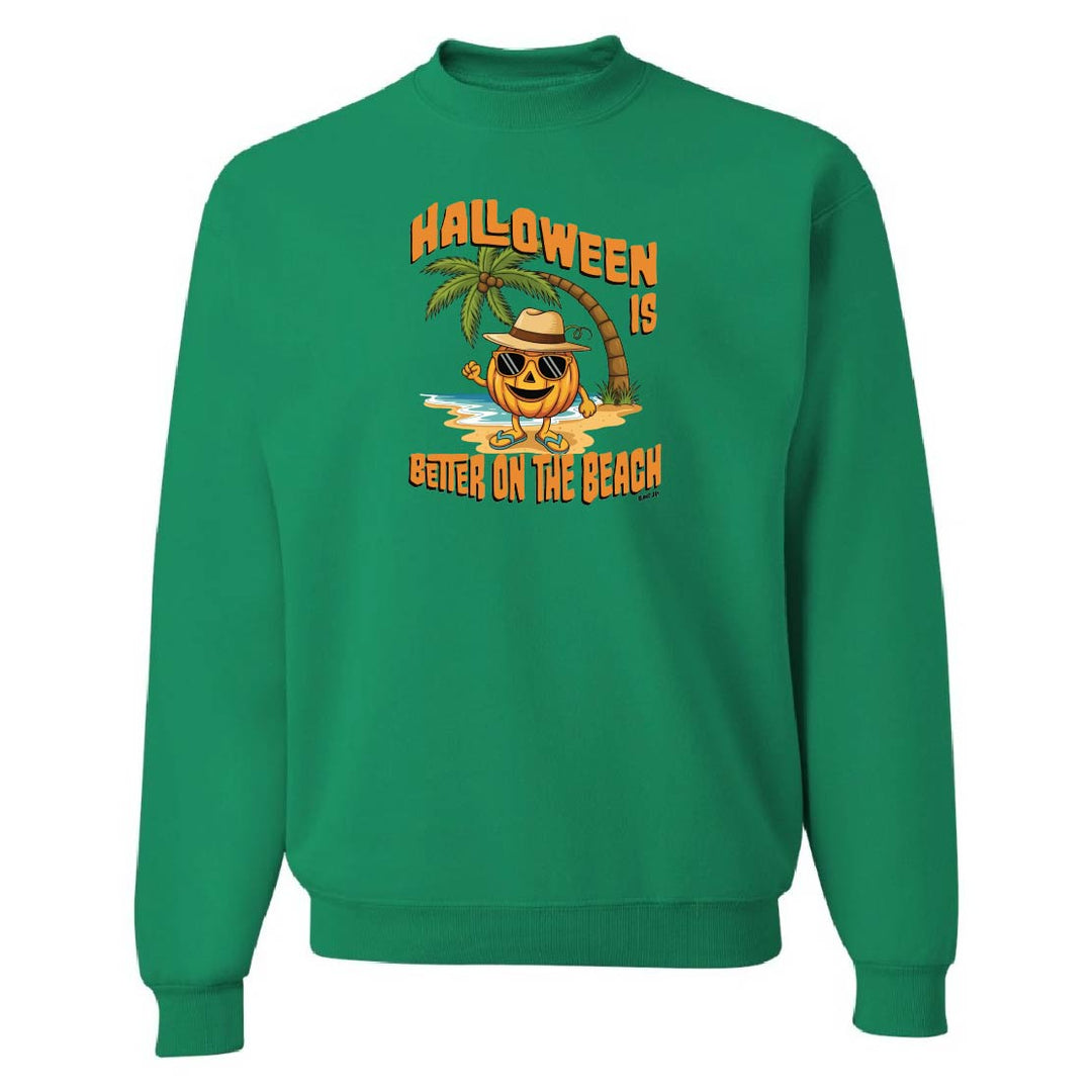 Green sweatshirt with Halloween design featuring a palm tree and beach scene on a white background