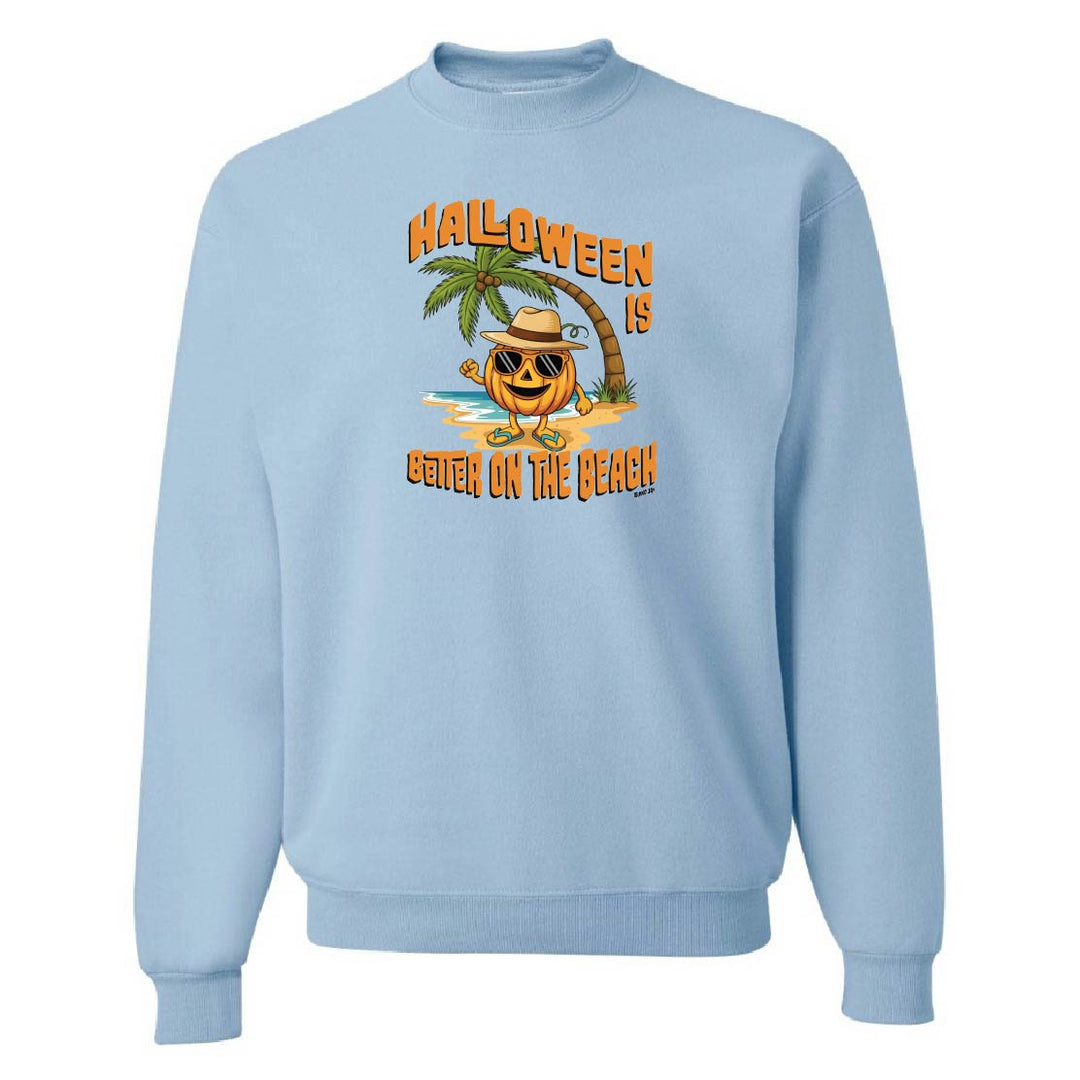 Light blue sweatshirt with Halloween design featuring a pumpkin, palm tree, and text on a white background.