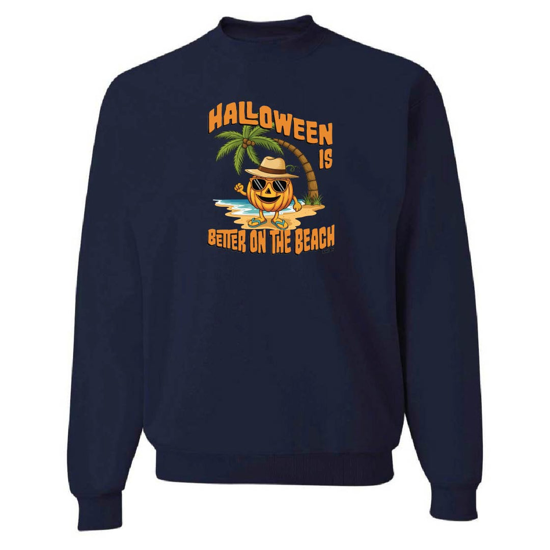 Navy blue sweatshirt with Halloween design featuring a palm tree and pumpkin on a white background