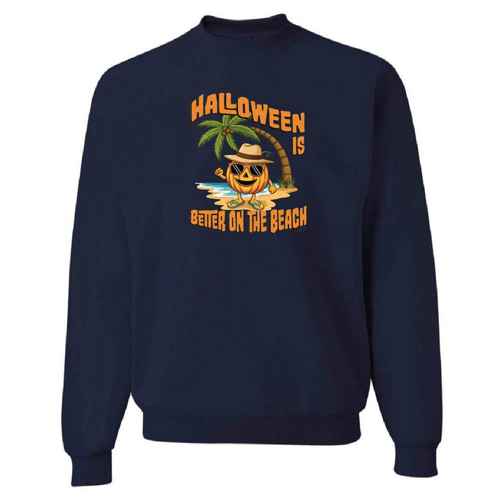 Navy blue sweatshirt with Halloween design featuring a palm tree and pumpkin on a white background