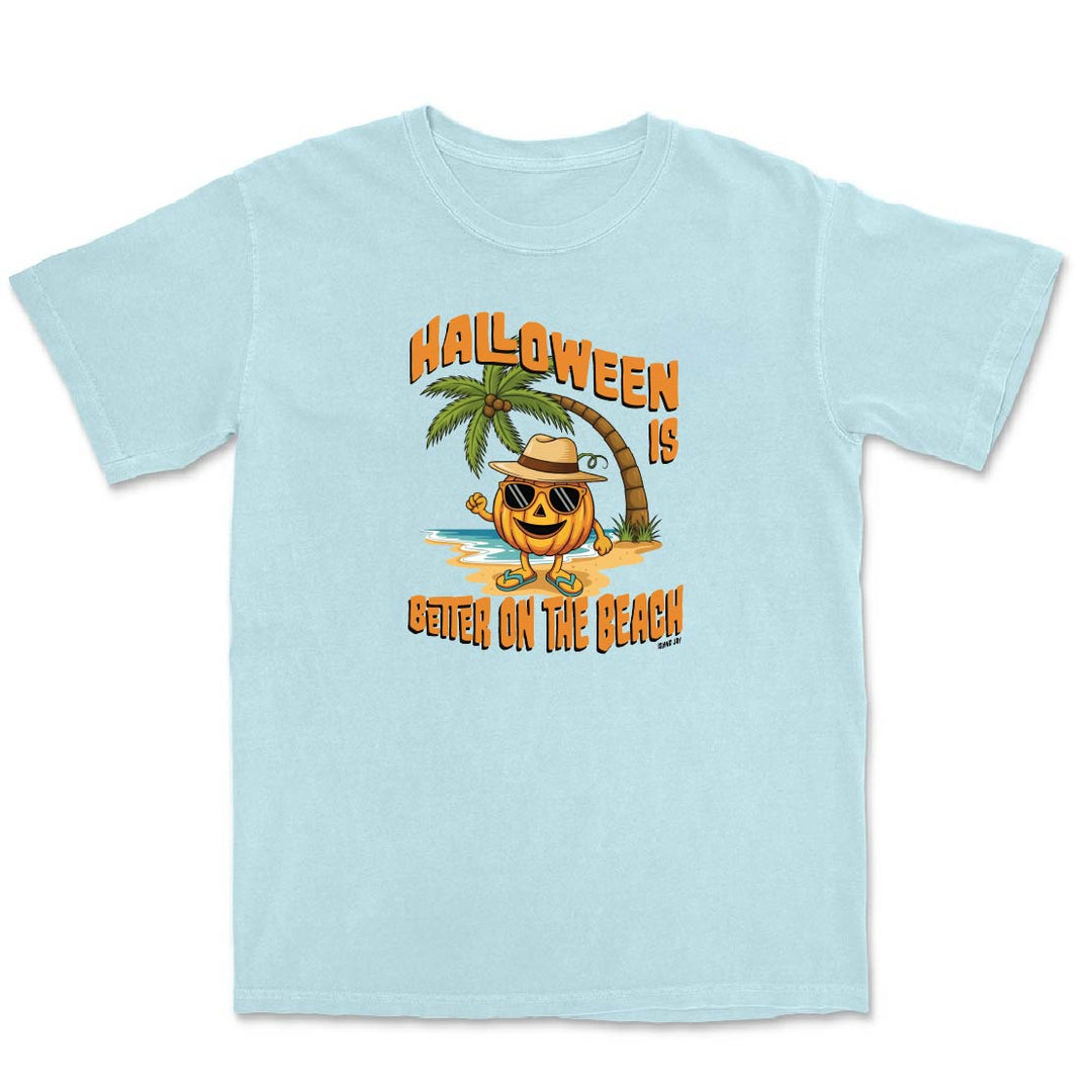 Light blue t-shirt with Halloween-themed design featuring a palm tree and pumpkin on a white background