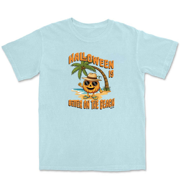 Light blue t-shirt with Halloween-themed design featuring a palm tree and pumpkin on a white background
