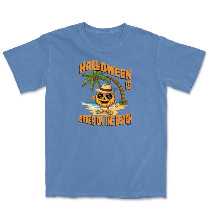 Blue t-shirt with Halloween-themed design featuring a pumpkin, palm tree, and text on a white background.