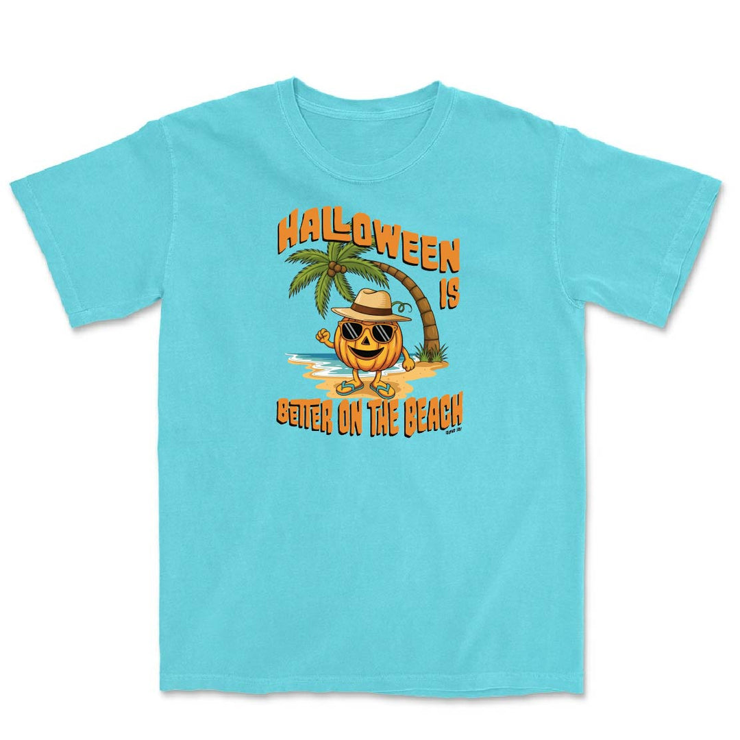 Light blue t-shirt with Halloween design featuring a palm tree and pumpkin on a white background
