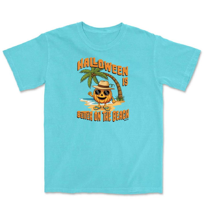 Light blue t-shirt with Halloween design featuring a palm tree and pumpkin on a white background