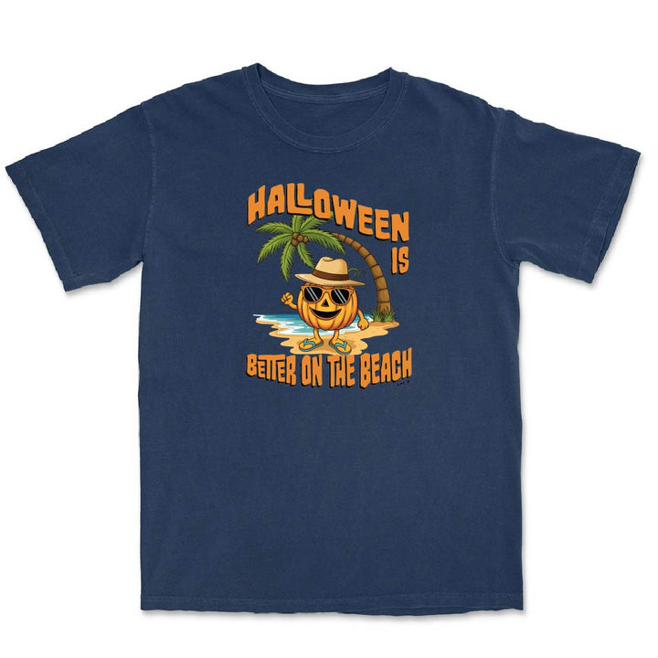 Navy blue t-shirt with Halloween-themed design featuring a pumpkin and palm tree on a white background