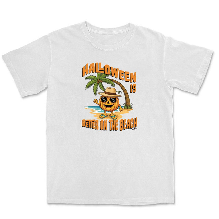 White t-shirt with a Halloween-themed design featuring a palm tree and pumpkin on a white background