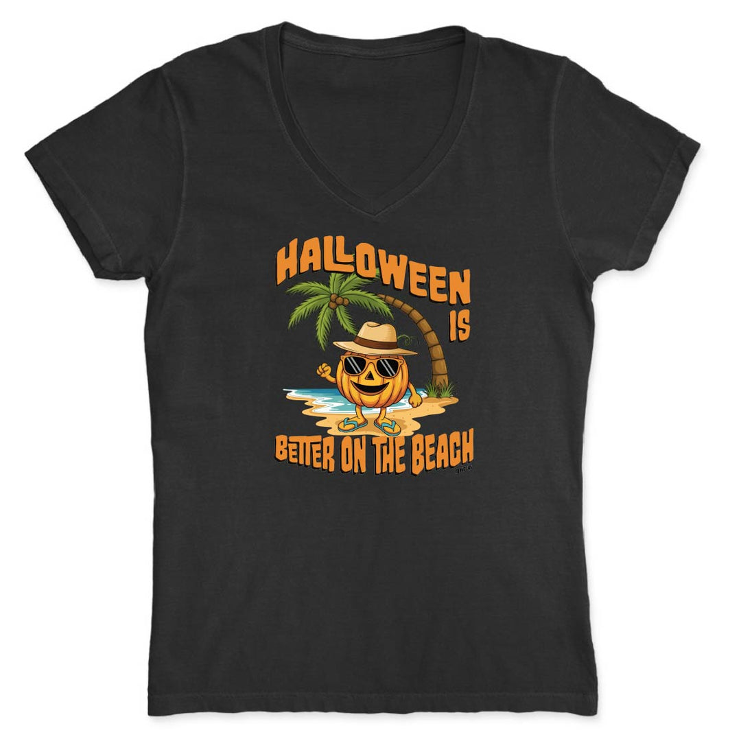 Black t-shirt with Halloween-themed design of a pumpkin on a beach.
