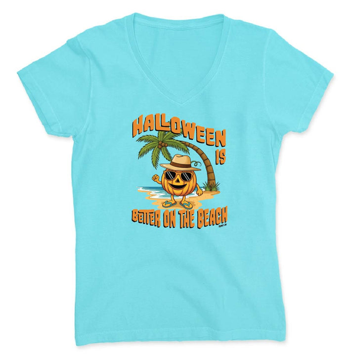 Light blue t-shirt with Halloween-themed design featuring a pumpkin on a beach.