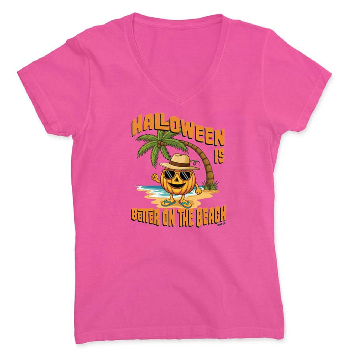 Pink t-shirt with Halloween-themed design featuring a pumpkin, palm tree, and beach scene on a white background.
