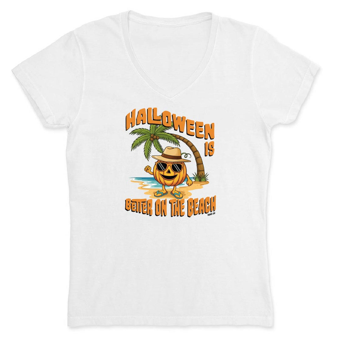 White t-shirt with a Halloween-themed design featuring a pumpkin, palm tree, and text on a white background.