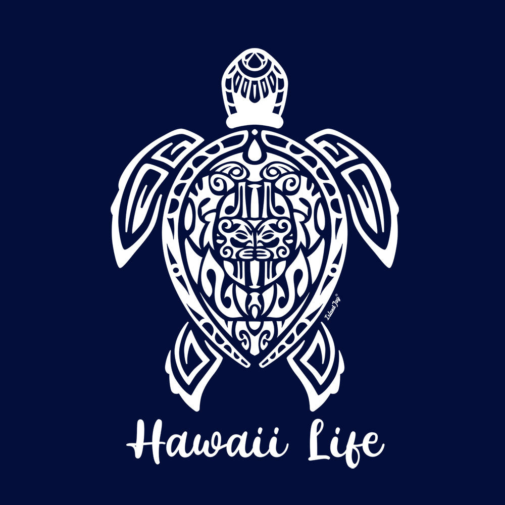 Hawaiian Life Tribal Turtle Women's Racerback Tank Top. Featuring a beautiful turtle drawn with a complex tribal design. Closeup Navy