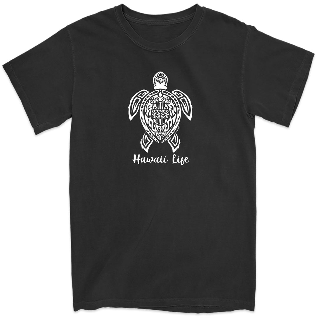 Hawaiian Life Tribal Turtle T-Shirt. Featuring a beautiful turtle drawn with a complex tribal design. Black