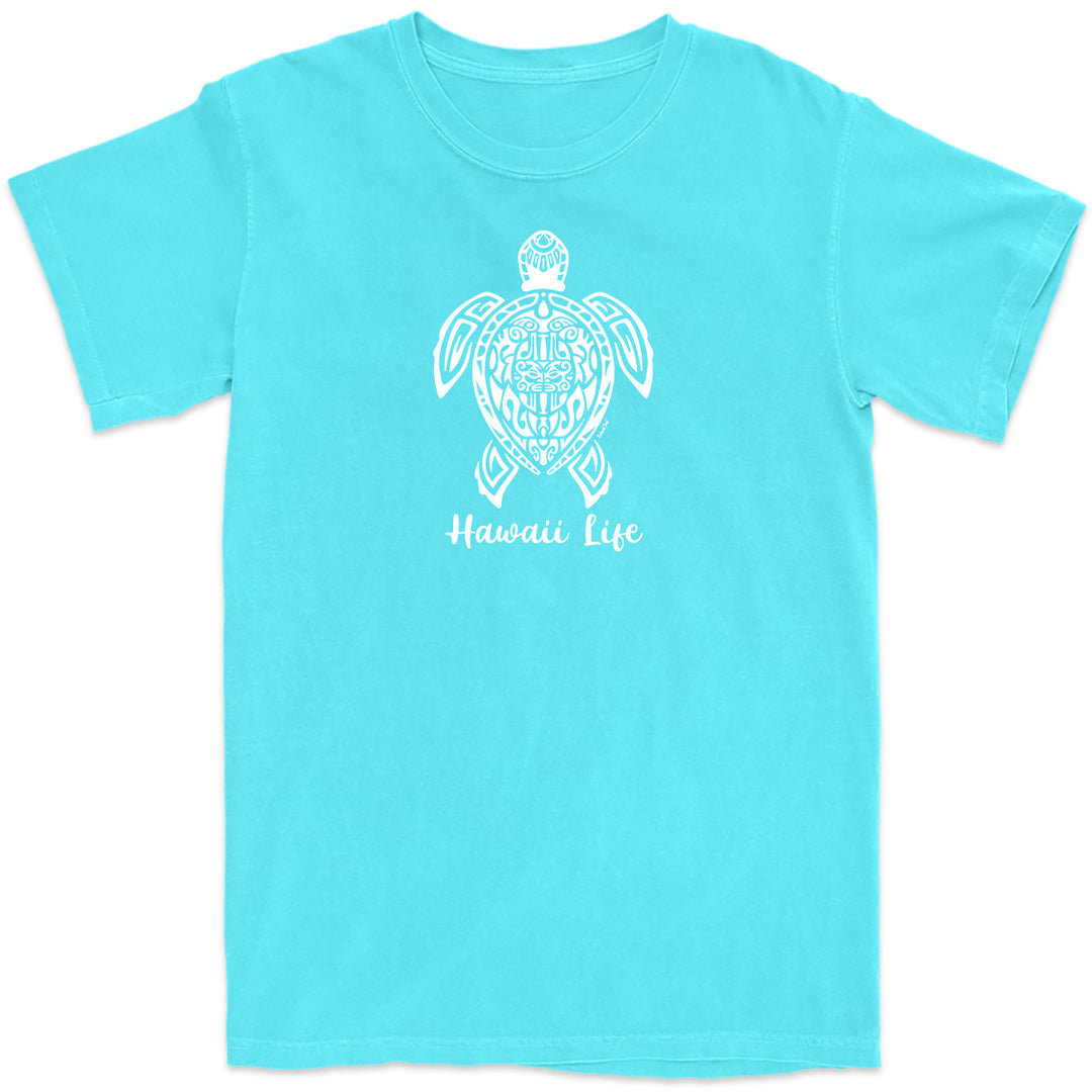 Hawaiian Life Tribal Turtle T-Shirt. Featuring a beautiful turtle drawn with a complex tribal design. lagoon Blue