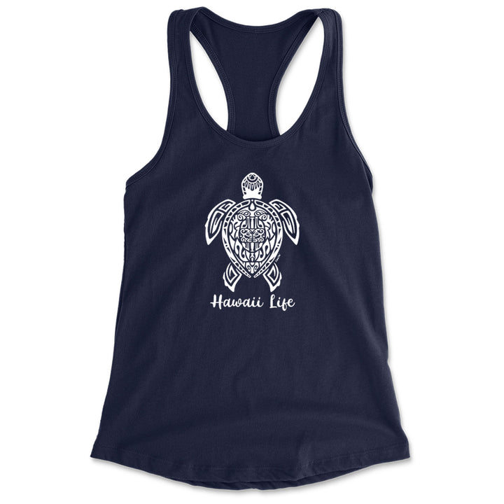 Hawaiian Life Tribal Turtle Women's Racerback Tank Top. Featuring a beautiful turtle drawn with a complex tribal design. na vy