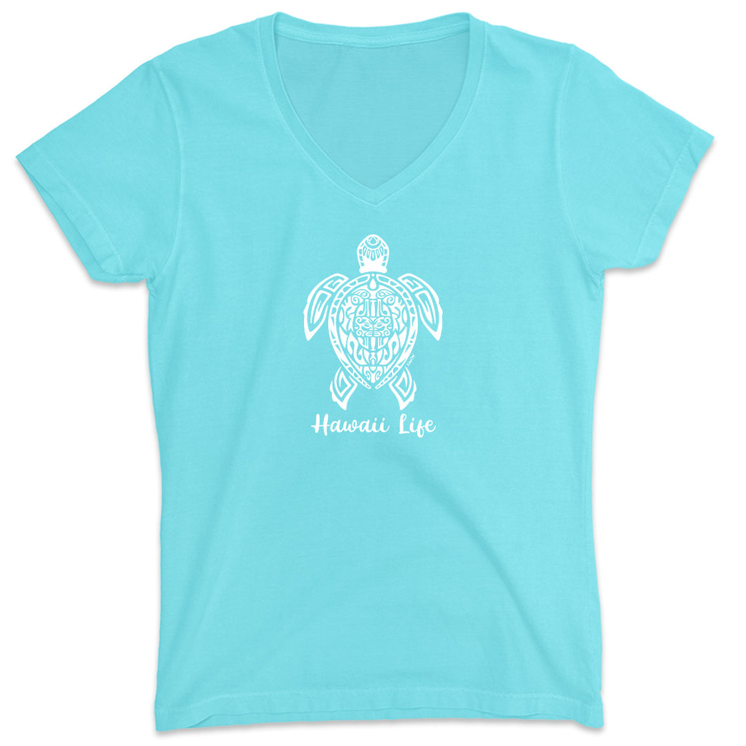 Hawaiian Life Tribal Turtle Women's T-Shirt. Featuring a beautiful turtle drawn with a complex tribal design. AquA