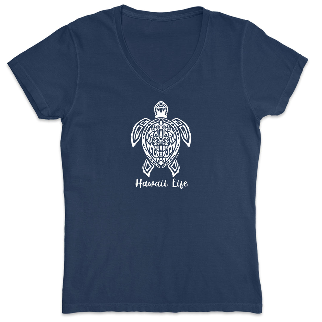 Hawaiian Life Tribal Turtle Women's T-Shirt. Featuring a beautiful turtle drawn with a complex tribal design. Navy