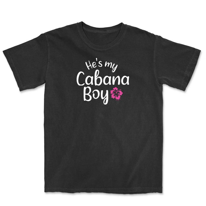 Black t-shirt with 'He's my Cabana Boy' text and pink flower graphic.