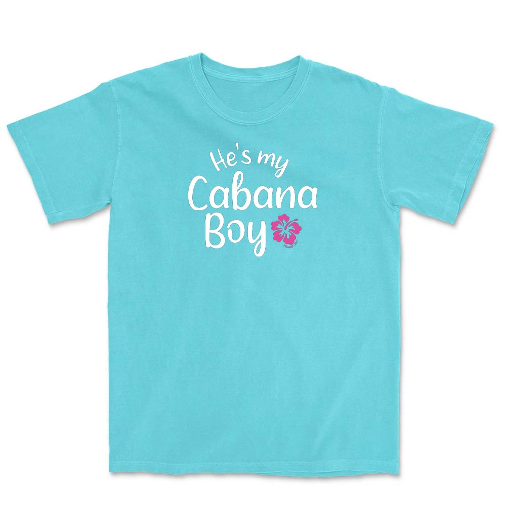 Blue t-shirt with 'He's my Cabana Boy' text and pink flower graphic.