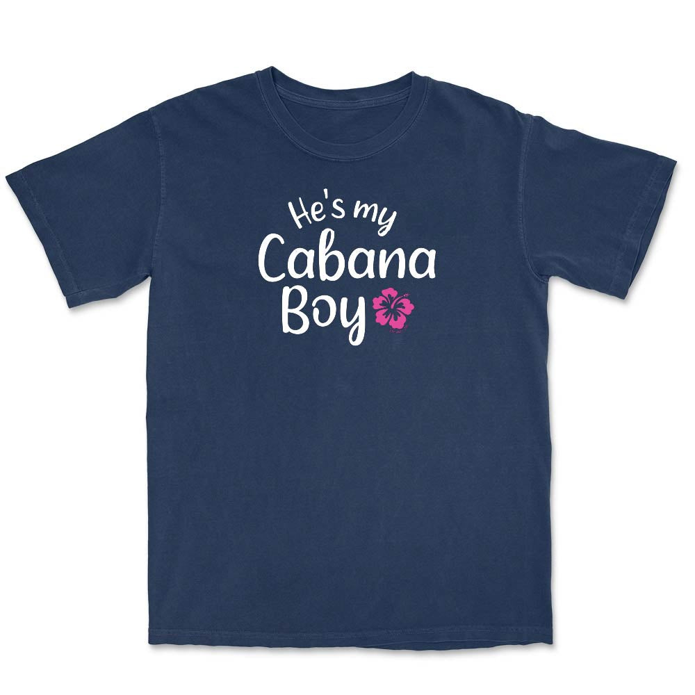Navy t-shirt with 'He's my Cabana Boy' text and pink flower graphic.