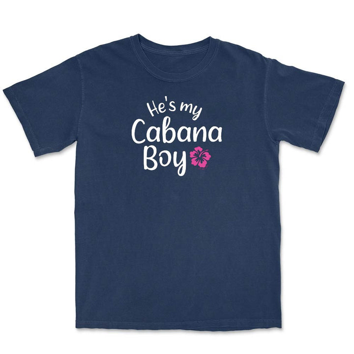 Navy t-shirt with 'He's my Cabana Boy' text and pink flower graphic.
