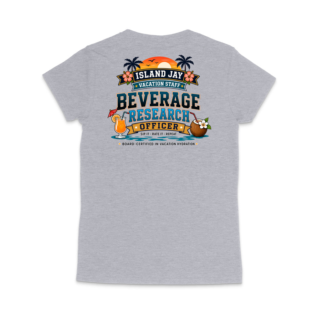 A heather gray short-sleeve t-shirt shown from the back, featuring a colorful graphic print with tropical elements and the text 'ISLAND JAY BEVERAGE RESEARCH OFFICER'.