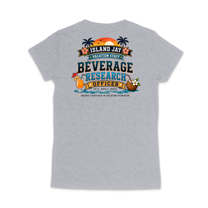 A heather gray short-sleeve t-shirt shown from the back, featuring a colorful graphic print with tropical elements and the text 'ISLAND JAY BEVERAGE RESEARCH OFFICER'.