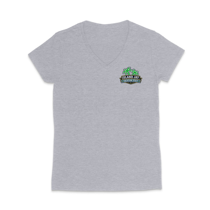 A heather women's short-sleeve V-neck t-shirt with a small colorful graphic on the left chest featuring palm trees and the text 'Island Jay Vacation Staff'.