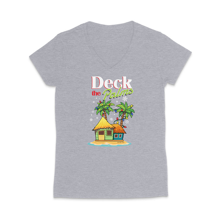 Grey t-shirt with a tropical hut and palm trees graphic and 'Deck the Palms' text on a white background.