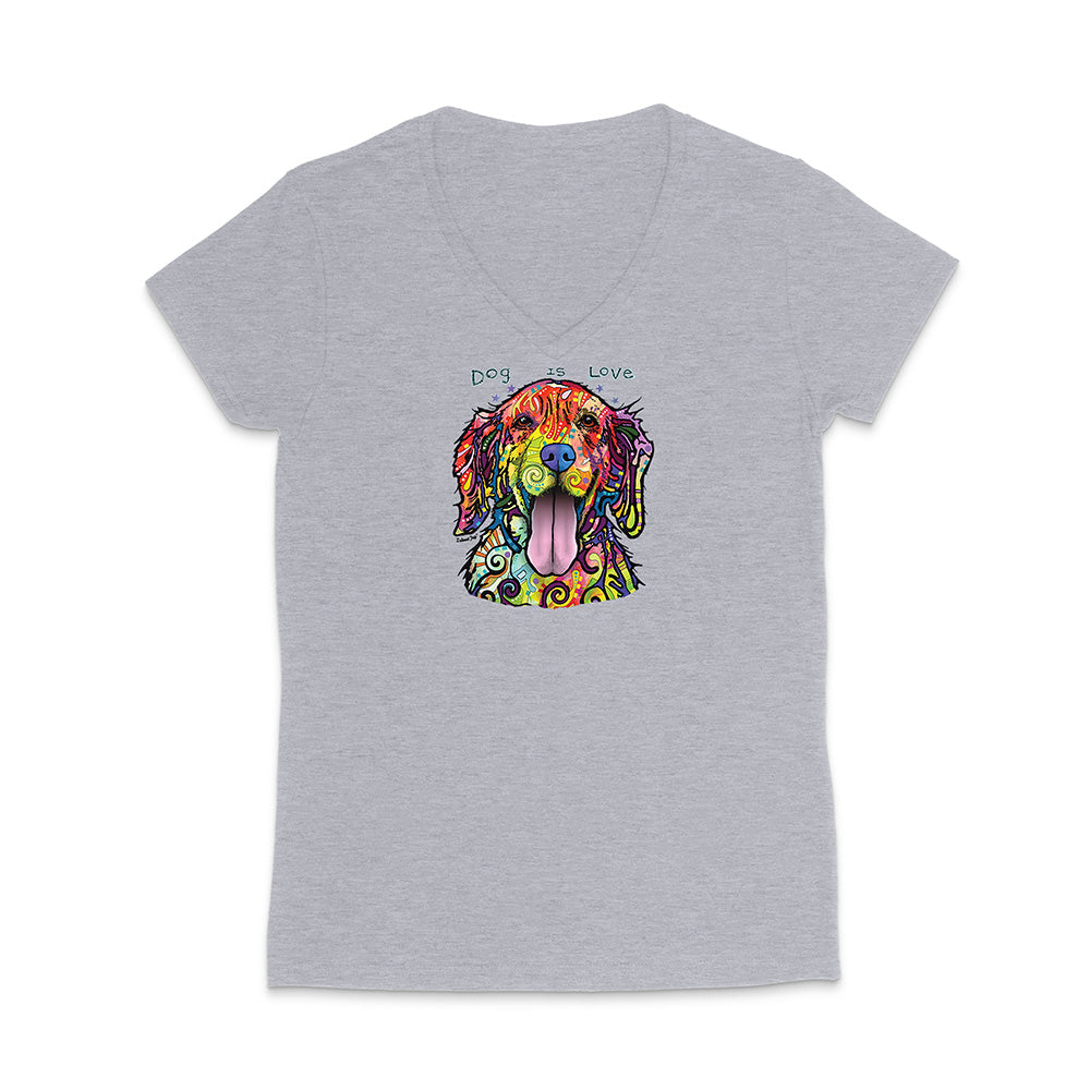 Gray t-shirt with a colorful dog illustration and 'Dog is Love' text on a white background