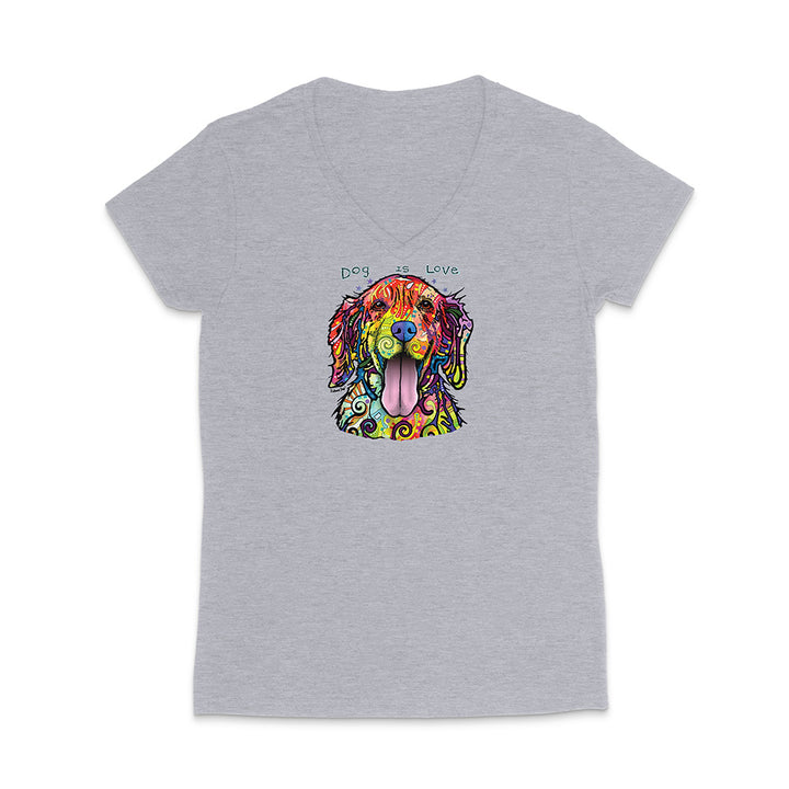 Gray t-shirt with a colorful dog illustration and 'Dog is Love' text on a white background