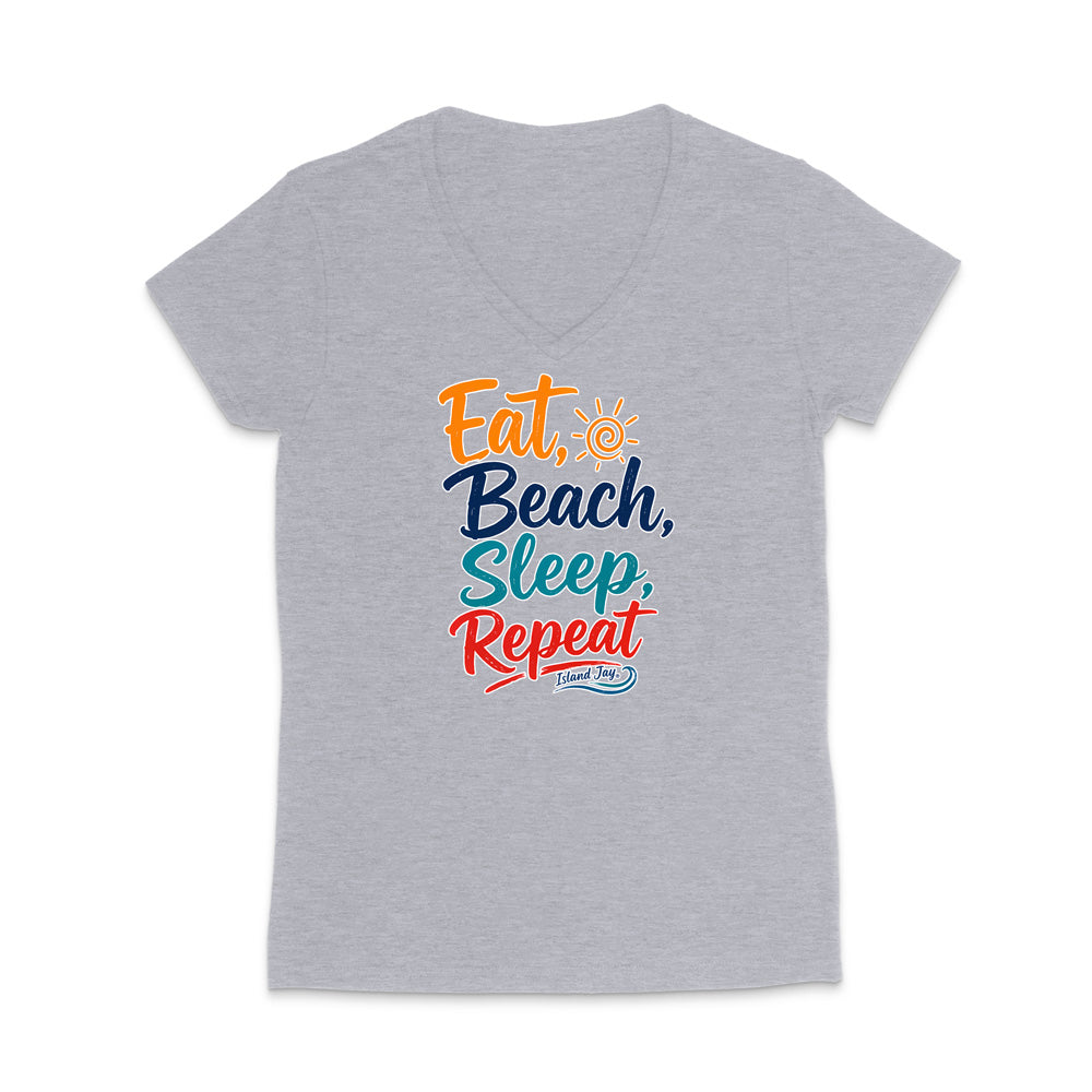 A heather gray V-neck t-shirt featuring a colorful graphic print on the front that reads 'Eat, Beach, Sleep, Repeat' with a small sun icon and 'I Love NY' written below.