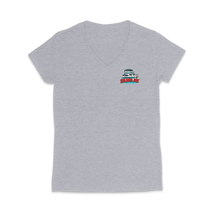 A light heather gray v-neck t-shirt with a small graphic on the left chest depicting a sailboat above the text 'SAILOR DOGS'.
