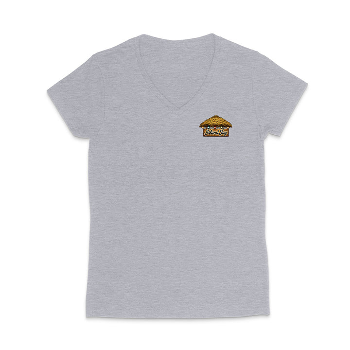 A light heather gray women's V-neck t-shirt with a small graphic print on the left chest depicting a thatched-roof hut with the text 'WELCOME TO OZARKA'.