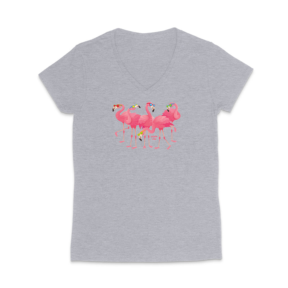 Gray t-shirt with pink flamingo design on a white background