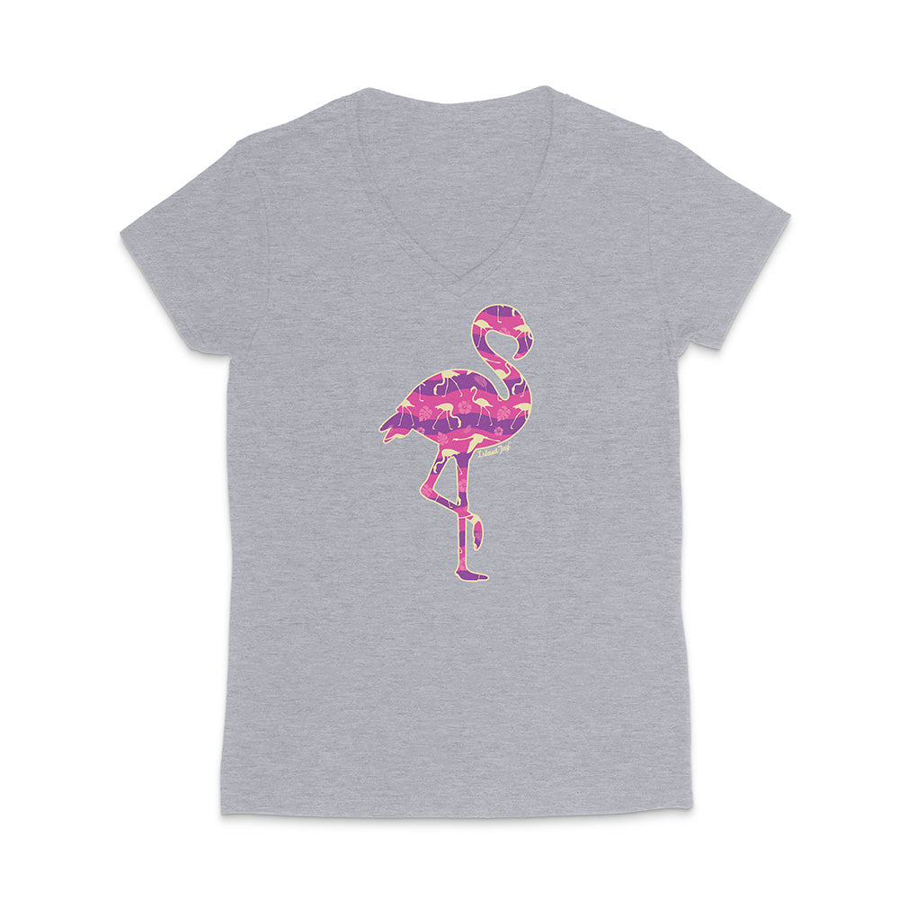 Grey v-neck t-shirt with a colorful flamingo design on a white background