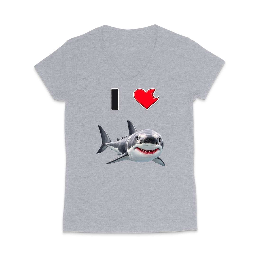 A heather gray women's V-neck t-shirt featuring a graphic print of a smiling great white shark below a black bar and a red heart with a white outline.