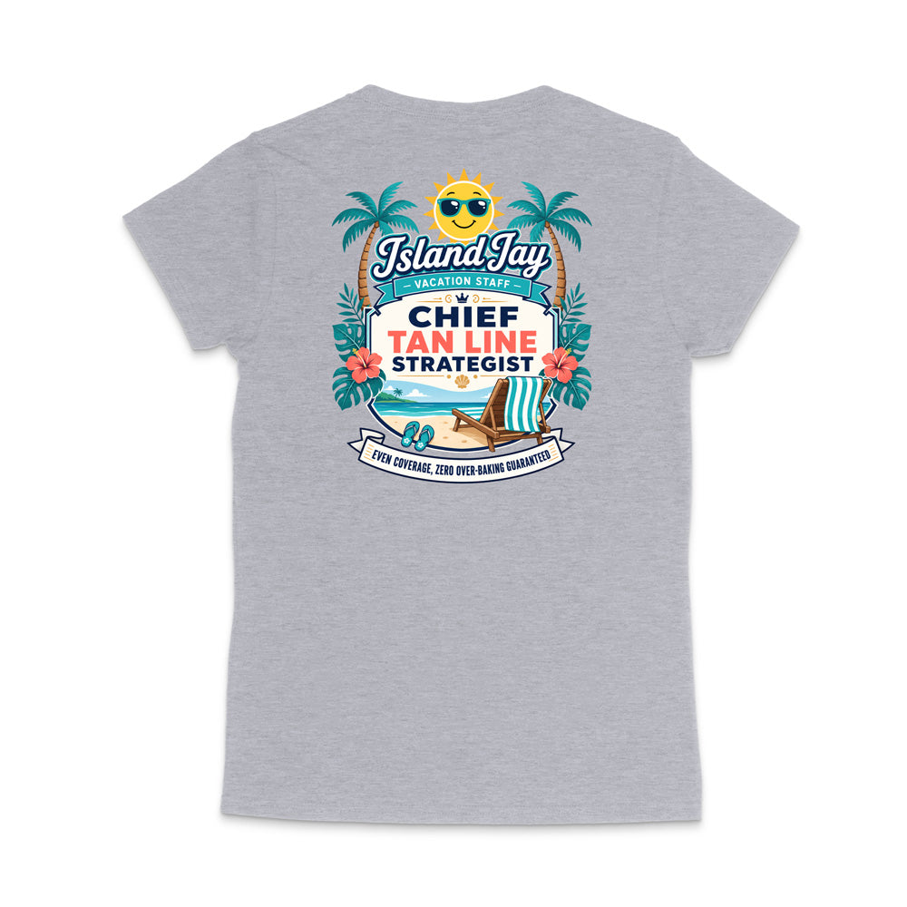 A heather gray short-sleeve t-shirt shown from the back, featuring a colorful graphic print with palm trees, a smiling sun wearing sunglasses, and the text 'Island Jay Chief Tan Line Strategist'.