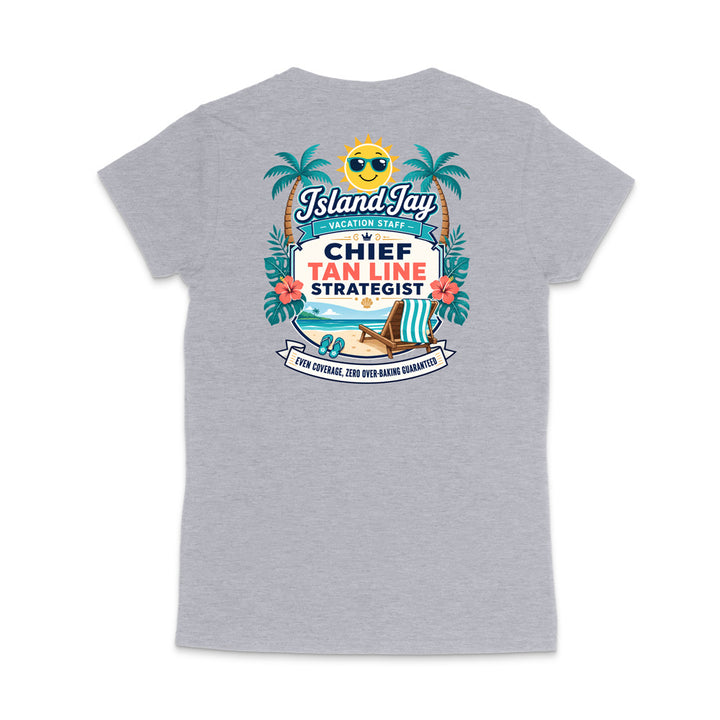 A heather gray short-sleeve t-shirt shown from the back, featuring a colorful graphic print with palm trees, a smiling sun wearing sunglasses, and the text 'Island Jay Chief Tan Line Strategist'.