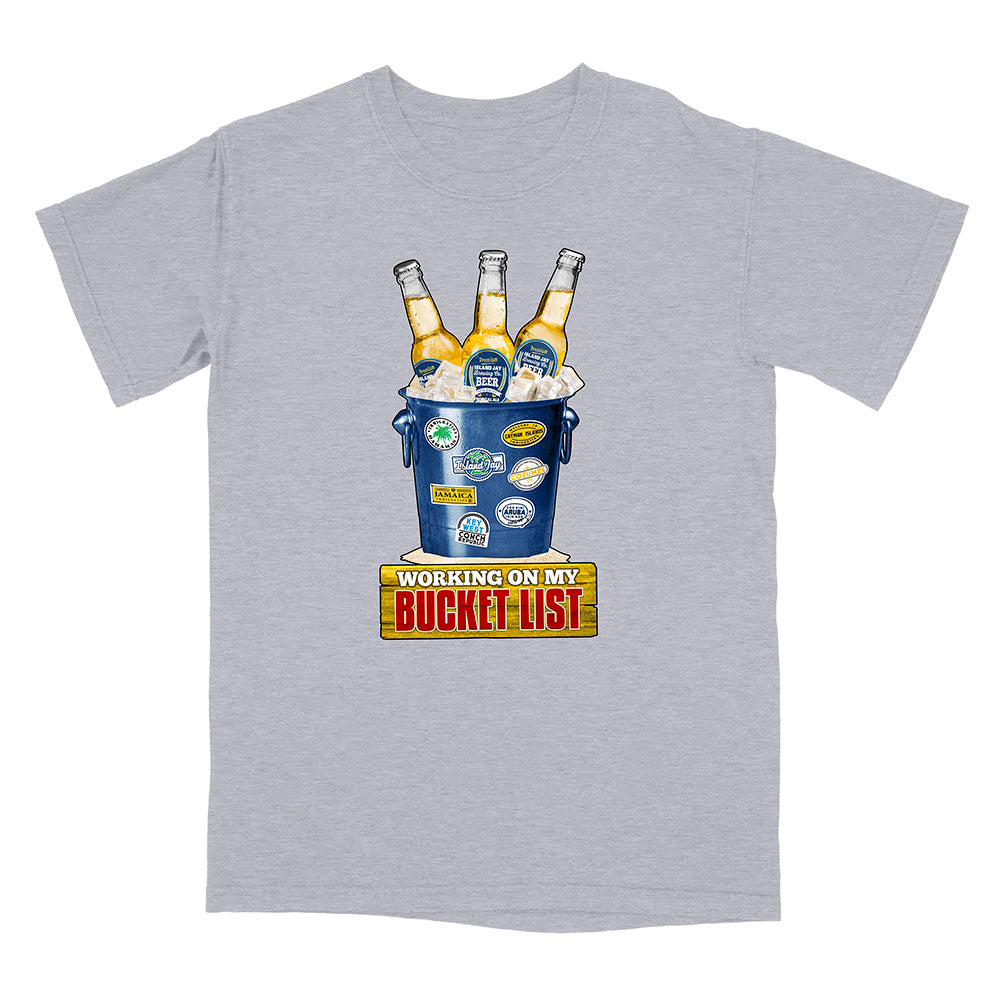 Grey t-shirt with a graphic of a bucket of beer and 'Working on my Bucket List' text.