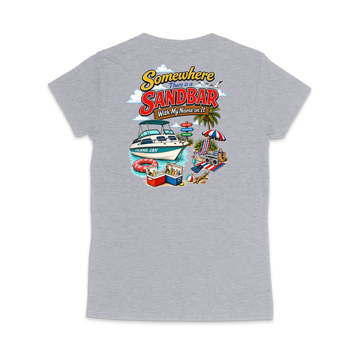 A heather gray short-sleeve t-shirt shown from the back, featuring a colorful graphic print with the text 'Somewhere There Is A Sandbar' and a beach-themed illustration including a boat, umbrella, cooler, and towels.
