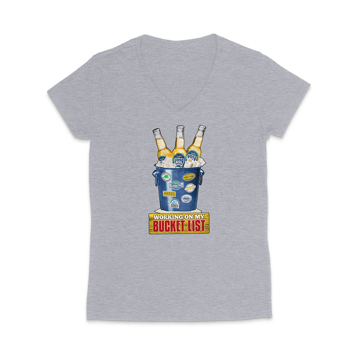 Grey t-shirt with a graphic of a beer bucket with graphic text reading 'Working on my Bucket List' on a white background.