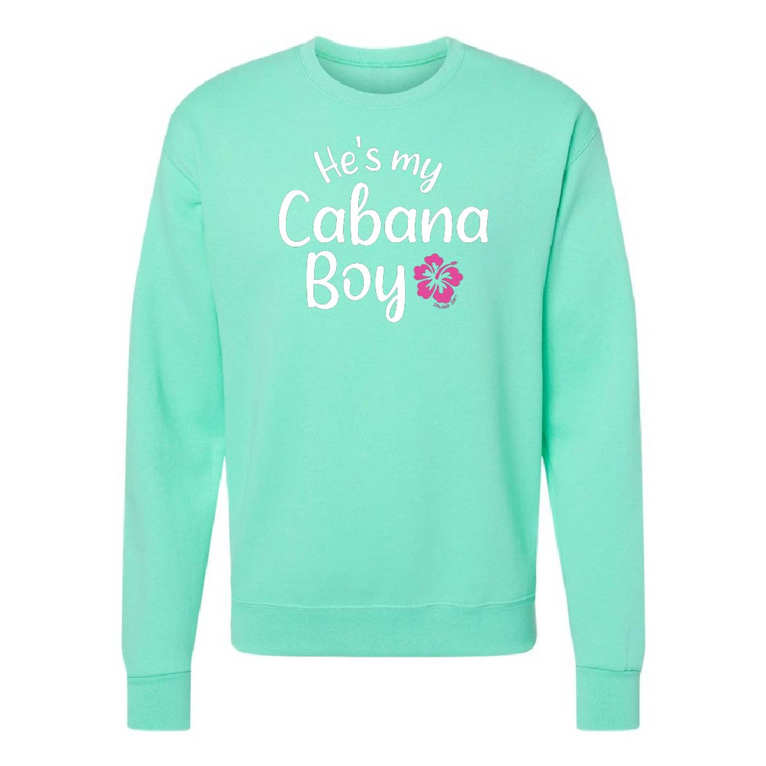 Mint green sweatshirt with 'He's my Cabana Boy' text and flower design on a white background