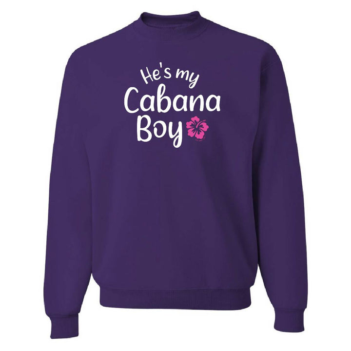 Purple sweatshirt with 'He's my Cabana Boy' text and flower design on a white background